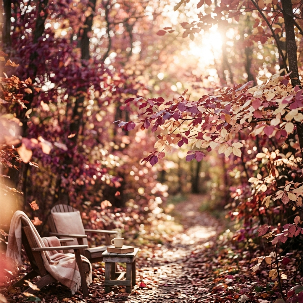 A serene landscape with warm light filtering through foliage