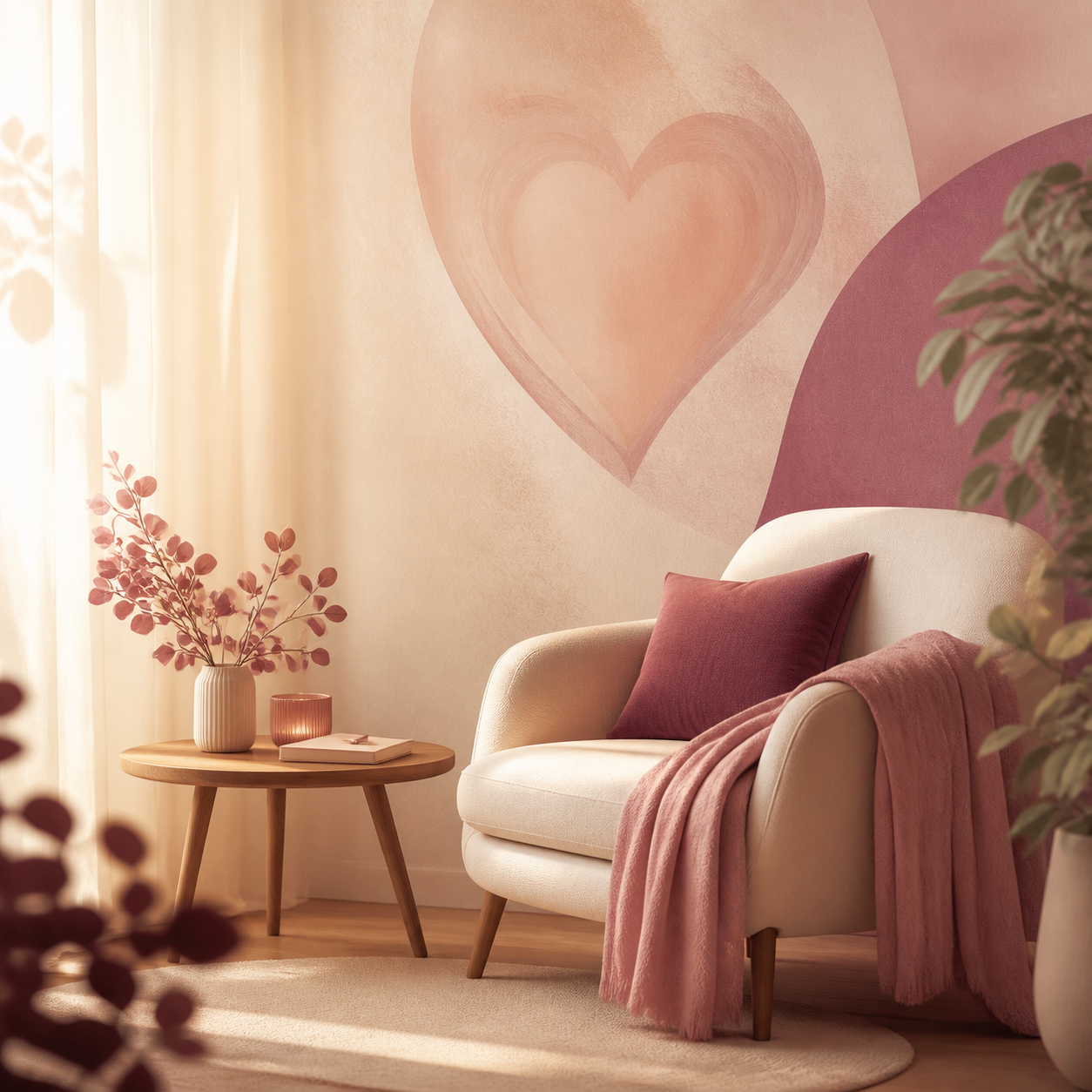 A calm counselling room with soft natural light, a comfortable chair and warm rose accents